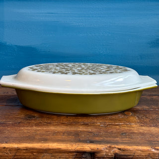 Vintage Pyrex 1960s Verde Olives Divided Casserole Dish with Lid
