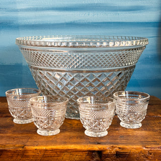 Vintage MCM Anchor Hocking Clear Glass Wexford Punch Bowl & Cups Set with Base