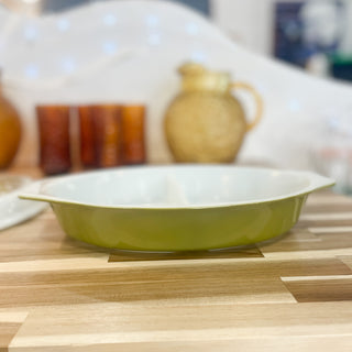 Vintage Pyrex 1960s Verde Olives Dark Green Divided Casserole Dish with Lid