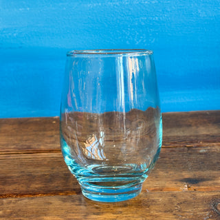 Vintage MCM Libbey Aqua Blue Tear Drop Round Juice Glasses With Original Gold Tone Caddy