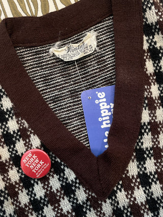 Vintage 1970s Brown Plaid Houndstooth Sweater Vest