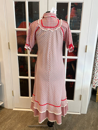 Vintage 1970s Red Stripes Prairie Maxi Long Dress