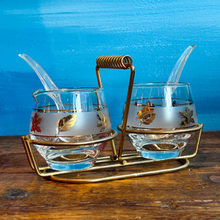 Vintage MCM Libbey Frosted Gold Leaves Cream & Sugar Glasses w/ Gold Rack