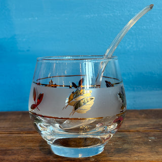 Vintage MCM Libbey Frosted Gold Leaves Cream & Sugar Glasses w/ Gold Rack