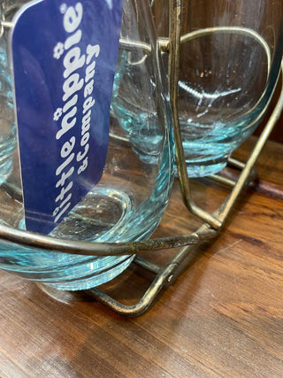 Vintage MCM Libbey Aqua Blue Tear Drop Round Juice Glasses With Original Gold Tone Caddy