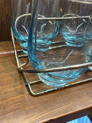 Vintage MCM Libbey Aqua Blue Tear Drop Round Juice Glasses With Original Gold Tone Caddy