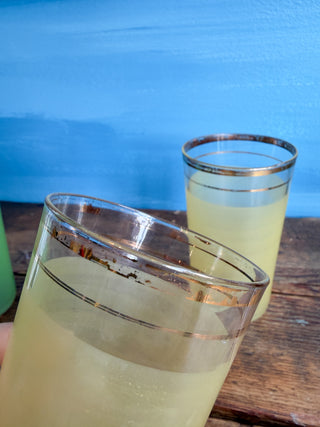 Vintage MCM Gold Rimmed Yellow & Green Frosted Glasses