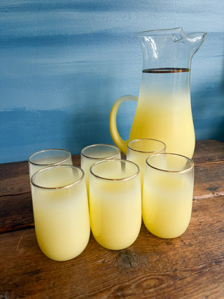 Vintage MCM Blendo Yellow Frosted Pitcher and Set of 6 Glasses