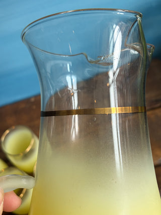 Vintage MCM Blendo Yellow Frosted Pitcher and Set of 6 Glasses