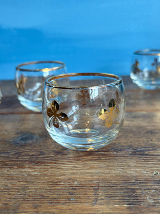 Vintage MCM Round Gold Leaf Small Cocktail Glasses