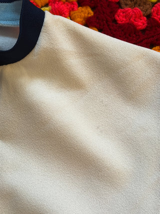 Vintage 1960s 1970s Blue Stripes Mod Drop Waist Dress