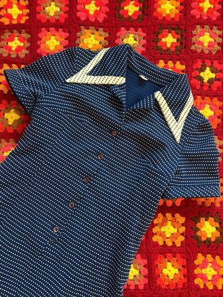 Vintage 1970s Polka Dot Mod Navy Blue Dress with Dagger Collar