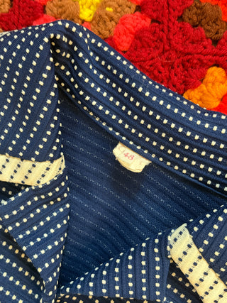 Vintage 1970s Polka Dot Mod Navy Blue Dress with Dagger Collar