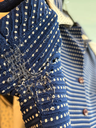 Vintage 1970s Polka Dot Mod Navy Blue Dress with Dagger Collar