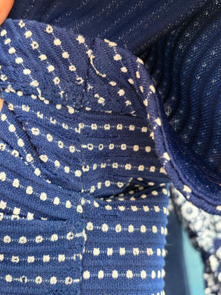 Vintage 1970s Polka Dot Mod Navy Blue Dress with Dagger Collar