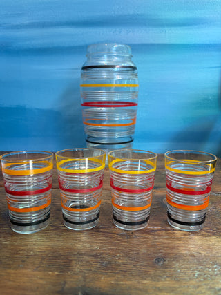 Antique 1920s 1930s Anchor Hocking Depression Era Striped Cocktail Shaker & Shot Glasses