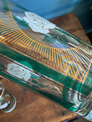 Vintage MCM Libbey Rose Green & Gold Glasses