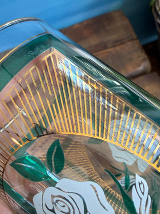 Vintage MCM Libbey Rose Green & Gold Glasses