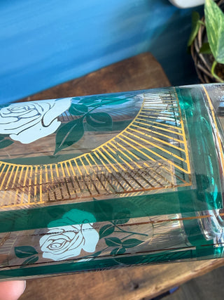 Vintage MCM Libbey Rose Green & Gold Glasses