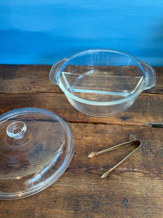 Vintage MCM 1950s Divided Glass Casserole Dish with Lid, Stand, Warmer, & Original Box