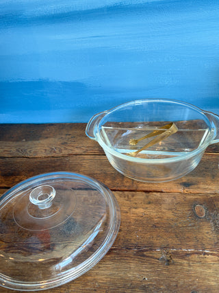 Vintage MCM 1950s Divided Glass Casserole Dish with Lid, Stand, Warmer, & Original Box