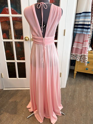Vintage 1970s Vicky Vaughn Bubble Gum Pink Pleated Maxi Dress