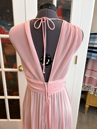 Vintage 1970s Vicky Vaughn Bubble Gum Pink Pleated Maxi Dress