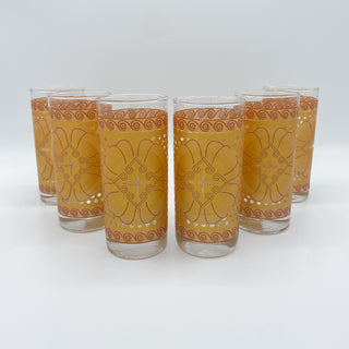 Vintage Mid-Century 1960's 1970's Orange Flower Set of Tumbler Glasses & Pitcher