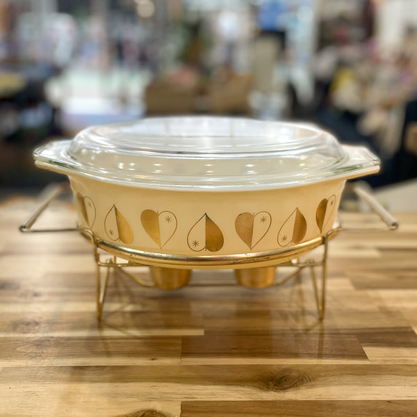 Pyrex Golden Acron Divided outlet Dish with Warming Stand