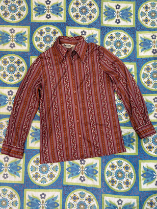 Vintage 1970s Brown Paisley Disco Dagger Collar Button Up Shirt