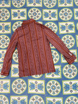 Vintage 1970s Brown Paisley Disco Dagger Collar Button Up Shirt