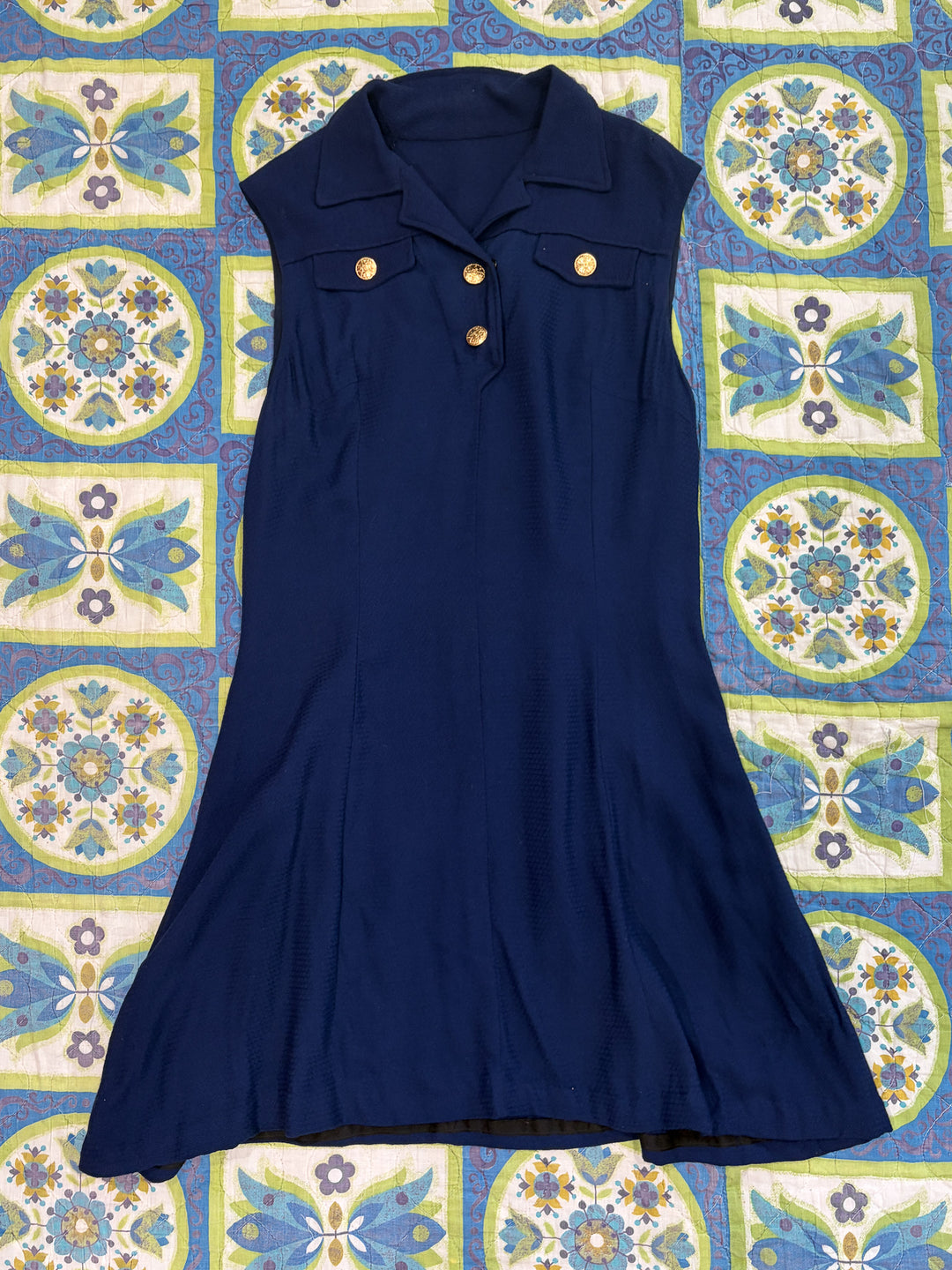 Vintage 1960s 1970s Navy Blue Mod Day A-Line Dress With Faux Gold Butt –  Little Hippie
