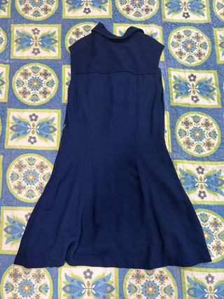 Vintage 1960s 1970s Navy Blue Mod Day A-Line Dress With Faux Gold Buttons