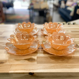 Vintage Mid-Century Peach Lustre Lotus Bowl & Saucer Sets