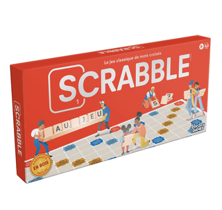 Scrabble 1 board game box by Hasbro, featuring a bright red-orange cover with white 'SCRABBLE' lettering and illustrated players building words on a grid.