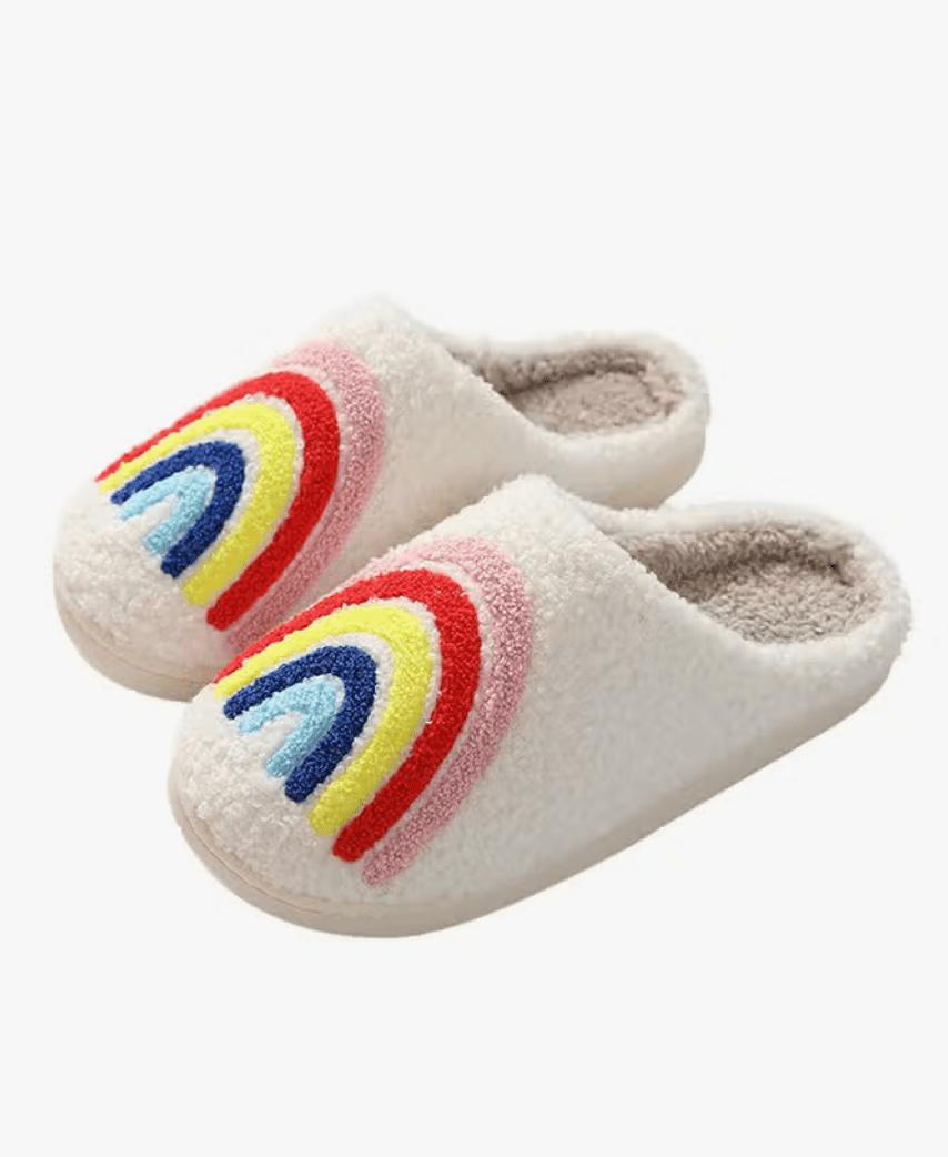 White Rainbow Knit Fluffy Slippers Little Hippie