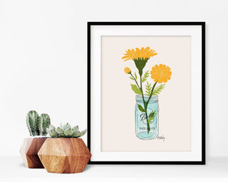 Mason Jar Marigolds - floral illustration prints