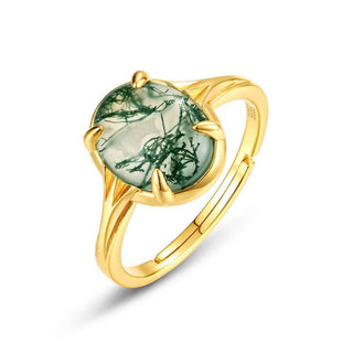 Gold Oval Moss Agate Sterling Silver Ring