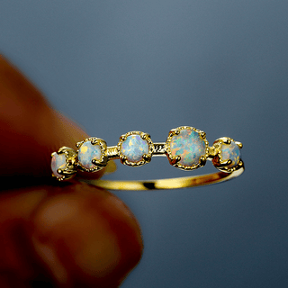 Round Blue Opal Cabochon Stacking Band Ring in Solid Copper