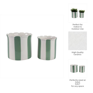 Green/White Ceramic Striped Planters