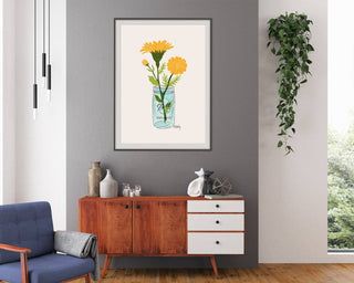 Mason Jar Marigolds - floral illustration prints