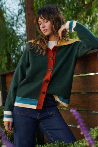 Colorblock Collared Button-Down Knit Cardigan