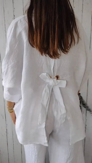 White Belted Cotton Linen Blouse