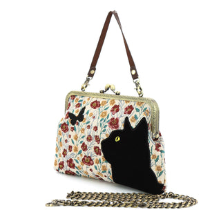 Floral Black Cat Kiss Lock Bag