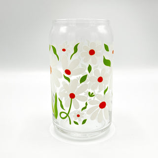Retro White Daisy Flower Glass Can Cup