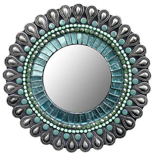 7" Round Glass Framed Mirror Aqua Drop