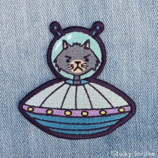 Cat Alien UFO Spaceship Embroidered Patch