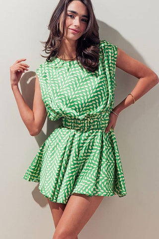 Green Belted Waist Mini Dress