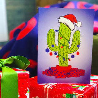 Cactus Christmas Greeting Card with holiday gift background