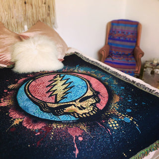 Grateful Dead Spray Paint Stealie Woven Cotton Blanket - Pink/Turquoise | Little Hippie